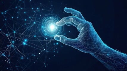 Stunning digital hand interacts with glowing futuristic interface representing data connection and global network expansion