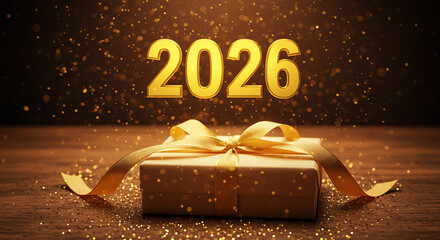 2026 Gift of Time: A beautifully wrapped gift sits beneath the golden year 2026, signifying the anticipation of new beginnings.