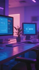 Modern workspace with dual computer monitors, illuminated by purple ambient lighting and featuring a desk plant.