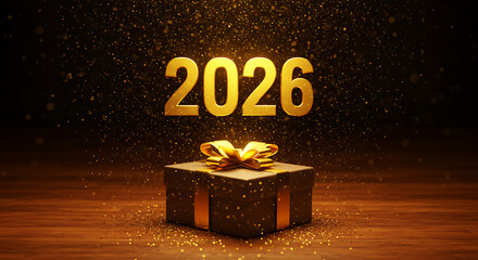 New Year's Gift 2026: A glittering, golden-toned present, tied with a shimmering ribbon, sits beneath the radiant year 2026, against a rich, dark background.