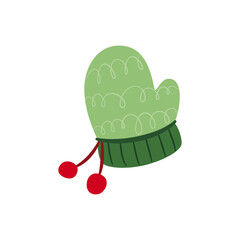 Cozy Green Mitten with Red Pom Poms, Winter Accessory for Cold Weather, Festive Holiday Gear