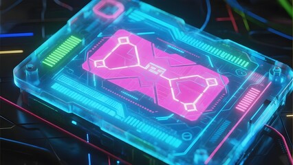 Futuristic transparent electronic device with glowing circuit patterns and neon lighting