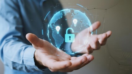 Person holding a digital globe with security lock and lightbulbs, symbolizing global cybersecurity and innovation