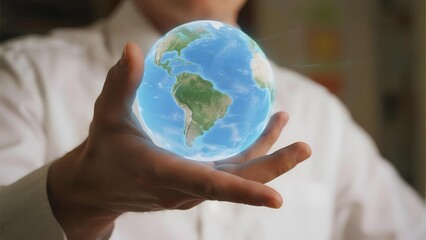 Person holding a glowing globe of Earth in their hand