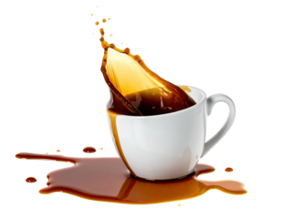 A white mug is overturned, causing coffee to splash onto a dark surface