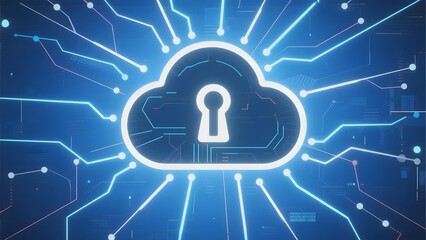Digital cloud with lock symbol surrounded by circuit-like connections, representing cybersecurity and data protection in technology.