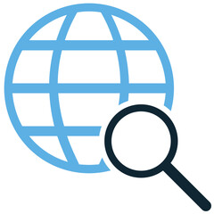 Search globe icon vector. A clear symbol combining a magnifying glass and the Earth. Ideal for global search, worldwide data, and international business