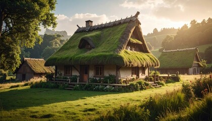 Rural Thatched Roof Cottage Amidst Green Meadow and Trees on a Sunny Day with Idyllic Scenery