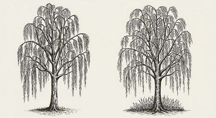 Detailed hand drawn illustrations of weeping willow trees in black and white