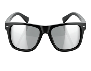 A close-up of a pair of shiny black-framed glasses with clear reflective lenses