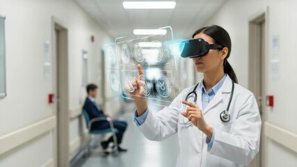 female physician in lab coat and stethoscope wears VR headset expertly interacting with vivid holographic brain scans in hospital corridor enhancing medical diagnostics Patient waits - Powered by Adobe