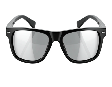 A close-up of a pair of shiny black-framed glasses with clear reflective lenses