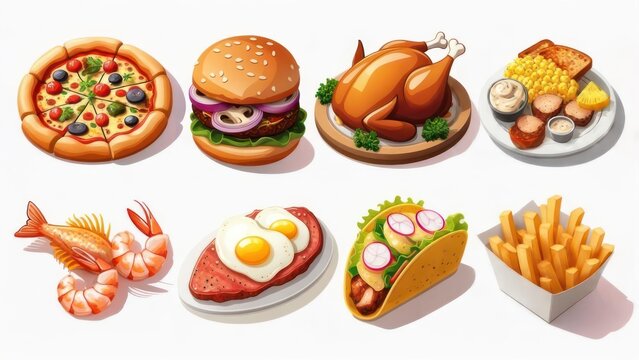 Delicious assortment of popular foods including pizza, burger, roasted chicken, taco, fries, and more, perfect for menus and culinary themes