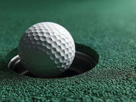 A golf ball sits right at the edge of the hole on the green, close to falling in du a golf game.