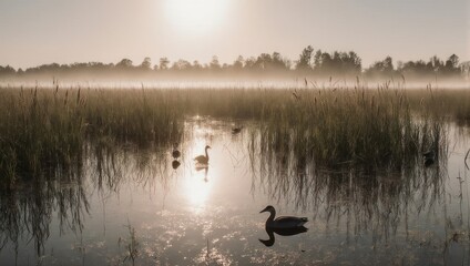 Tranquil wetland at dawn. Ducks swim in a still morning mist