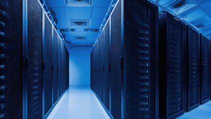 Rows of server racks in a data center.  Cool blue tones