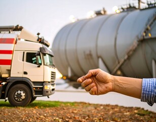 Close-up of hand near a tanker truck