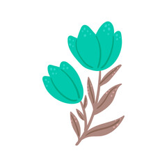Teal Blue Petal Flowers with Brown Stems and Leaves Isolated on White Background Vector Illustration