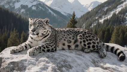 Snow leopard resting on a snowy mountain rock, majestic backdrop of alpine peaks and forests