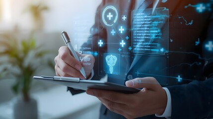 Doctor analyzing medical data with futuristic holographic interface showing dna and health icons, representing healthcare technology and digital medicine innovation