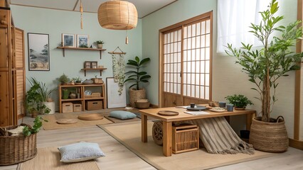 living room with wooden table and chairs
