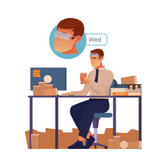 Young man sitting at desk with computer and coffee, feeling unwell with thermometer in mouth