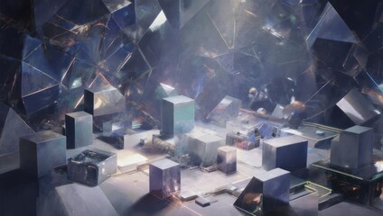 Abstract digital scene of multifaceted, geometric shapes