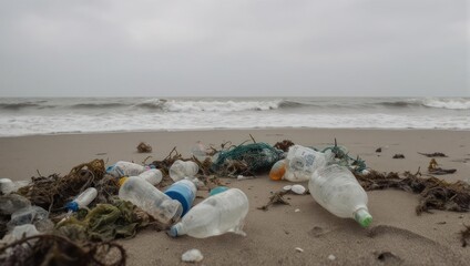 Plastic debris litters a sandy beach, with waves in the background