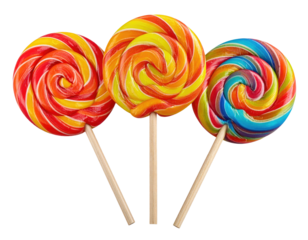 Three colorful swirled lollipops with wooden sticks against a black background