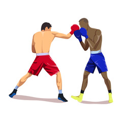 Two boxers sparring in red and blue shorts, demonstrating athletic prowess and combat training