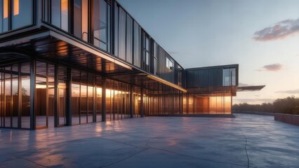 Obraz premium Stunning modern home with glass walls reflecting the sunset, offering a luxurious architectural design for upscale living and inspiring real estate concepts