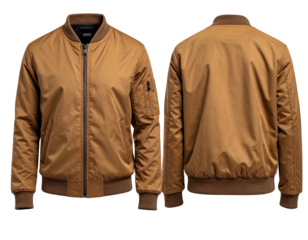 Brown bomber jacket displayed front and back against black background