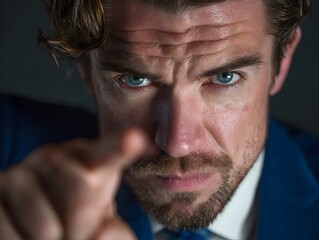 Intense blue eyed businessman in a suit points directly forward with a stern angry and confrontational expression.