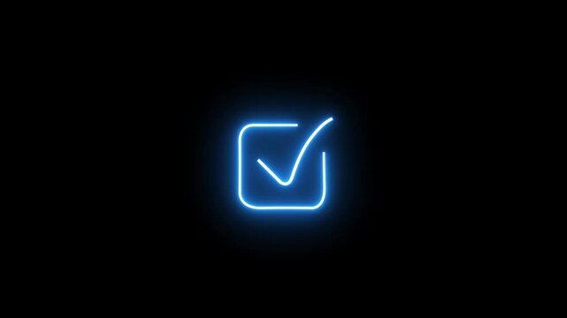 Animated glowing blue neon checkmark symbol appearing inside a dynamic square box on a dark background, approval, validation, successful, complete, or verified status