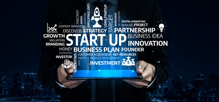 A businessman presents a tablet displaying vibrant infographics related to startup concepts, emphasizing innovation, investment, and strategic growth in a modern urban environment. Tessel