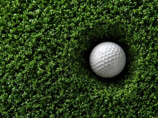 A white dimpled golf ball rests on the edge of the cup surrounded by green artificial turf putting green.