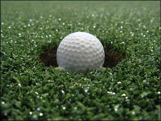 A white golf ball rests on the edge of a hole surrounded by vibrant green synthetic turf after a putt.