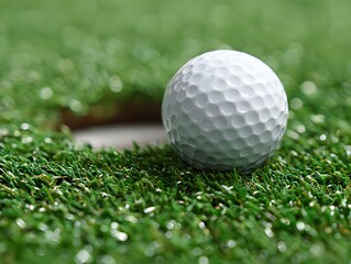 A white golf ball sits on the green grass very close to the hole of the putting green surface now.