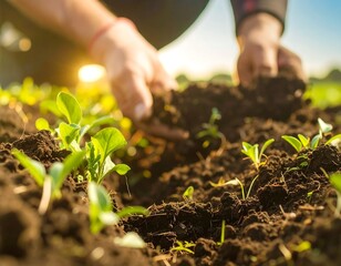 Close-up of hands tending young plants in dark soil