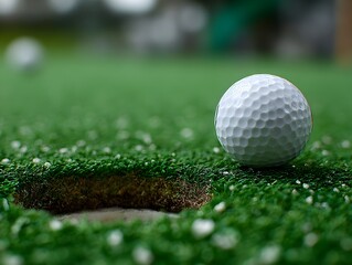 A white golf ball sits precariously near the edge of the hole on a putting green, ready for the next shot.