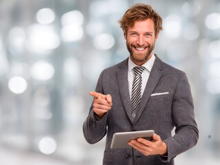 Smiling businessman points to the side while holding a tablet in a modern office environment setting.