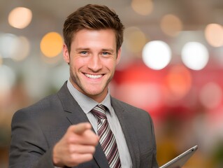 Smiling businessman points directly forward while holding tablet at a convention center for success now.