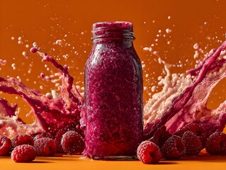 A vibrant purple smoothie in a glass bottle surrounded by raspberries creates a dynamic splash effect.