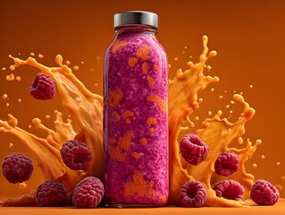 Fresh raspberry smoothie spills around the bottle showing vibrant colors on bright orange background decoratively.