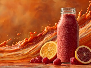 A bottle of fruit smoothie with fresh orange and raspberries sitting on a table with juice splash background.