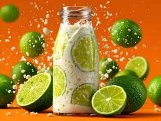 A refreshing lime smoothie in a glass bottle surrounded by limes with a vibrant orange studio backdrop.