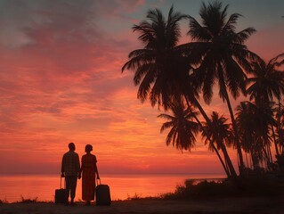 Silhouetted couple with luggage watches the vibrant sunset under palm trees on a tropical vacation beach.