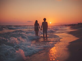 A young couple walks hand in hand into the ocean water at sunset while on vacation for a romantic getaway.