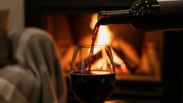deep red beverage pours from dark bottle into clear glass set against cozy glowing fireplace with burning logs A soft striped throw is partially visible enhancing the warm ambiance