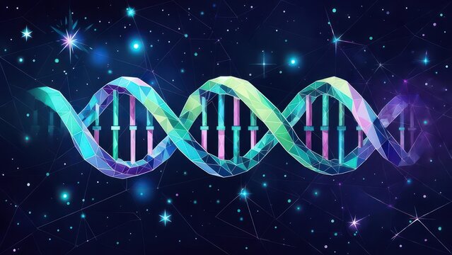Stunning abstract digital art depicts a vibrant, glowing DNA helix against a cosmic night sky filled with stars and constellations, symbolizing science and discovery. - Powered by Adobe